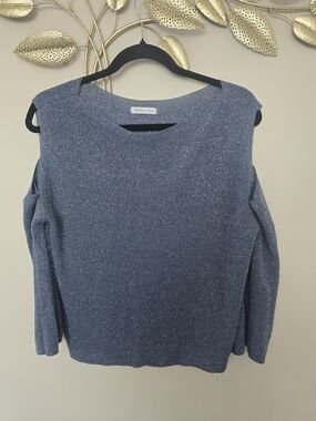 Metallic Navy Cold-Shoulder Crew Neck Sweater Made In Italy Cotton Size M